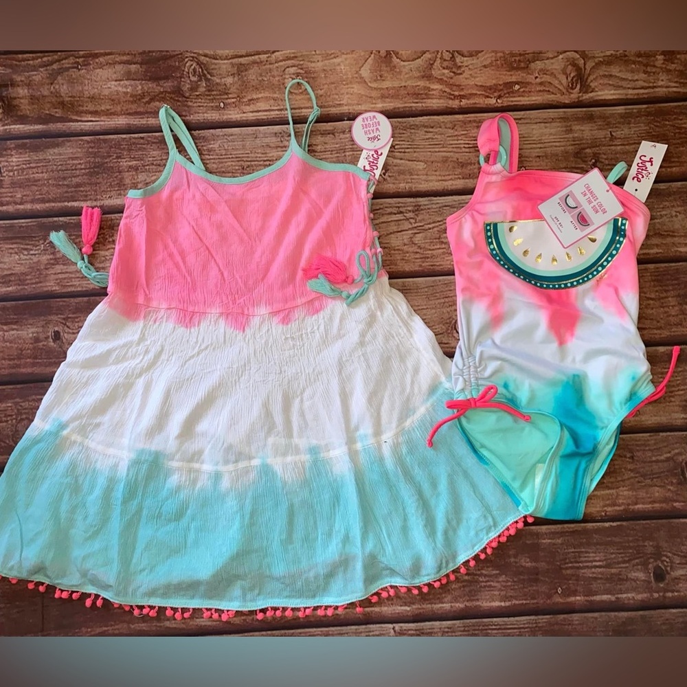 NWT Justice Size 6 Watermelon one piece swimsuit with matching cover up